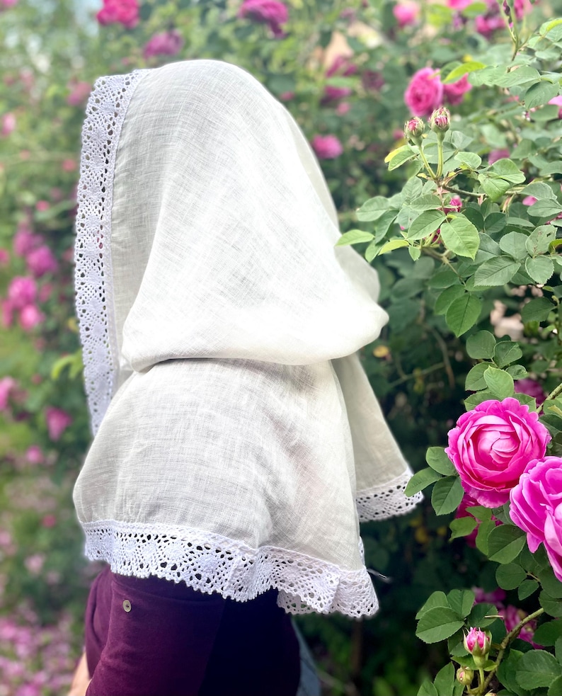 Handmade ivory linen chapel veil for women with crochet lace trim