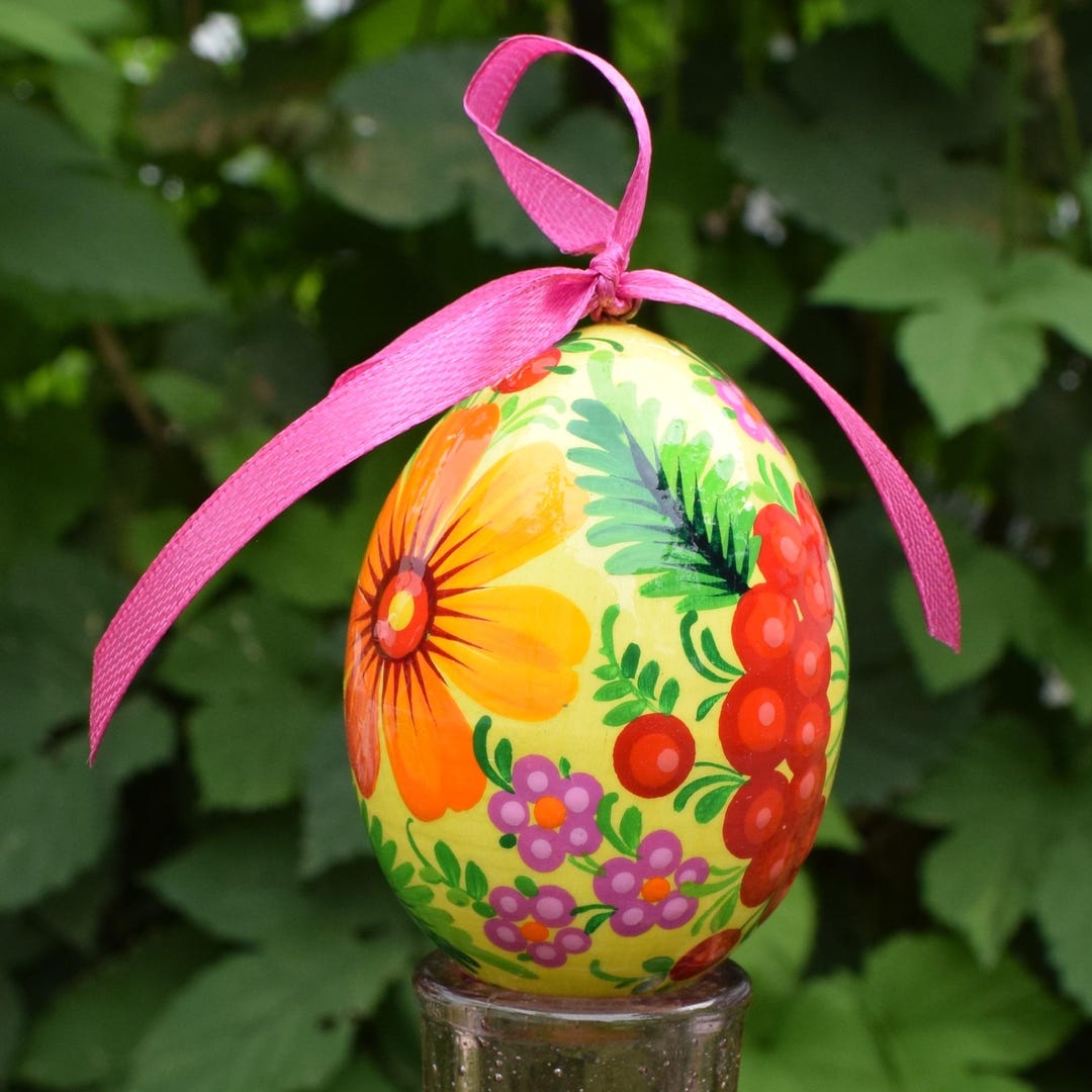 Hand Painted Yellow Wooden Easter Egg Ornament With Ribbon, Ukrainian ...