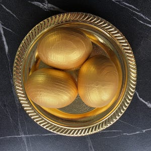Hand painted gold decorative eggs, Handmade seasonal decor, Symbolic spring home accent, Modern rustic display