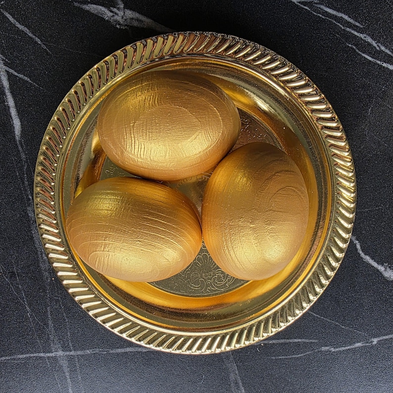 Hand painted gold decorative eggs, Handmade seasonal decor, Symbolic spring home accent, Modern rustic display