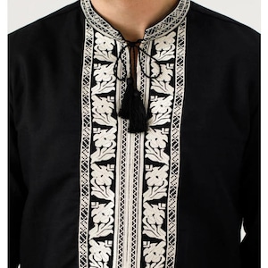 Black Ukrainian vyshyvanka for men, White embroidered linen shirt, Traditional folk shirt with tassels, Ethnic boho clothing