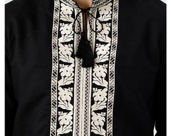 Black Ukrainian vyshyvanka for men, White embroidered linen shirt, Traditional folk shirt with tassels, Ethnic boho clothing