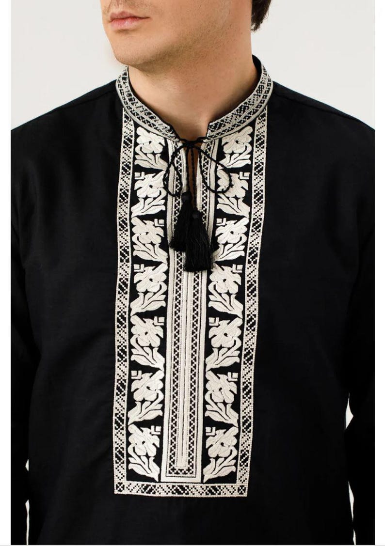 Black Ukrainian vyshyvanka for men, White embroidered linen shirt, Traditional folk shirt with tassels, Ethnic boho clothing