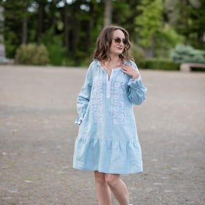 Light blue linen dress with white embroidery