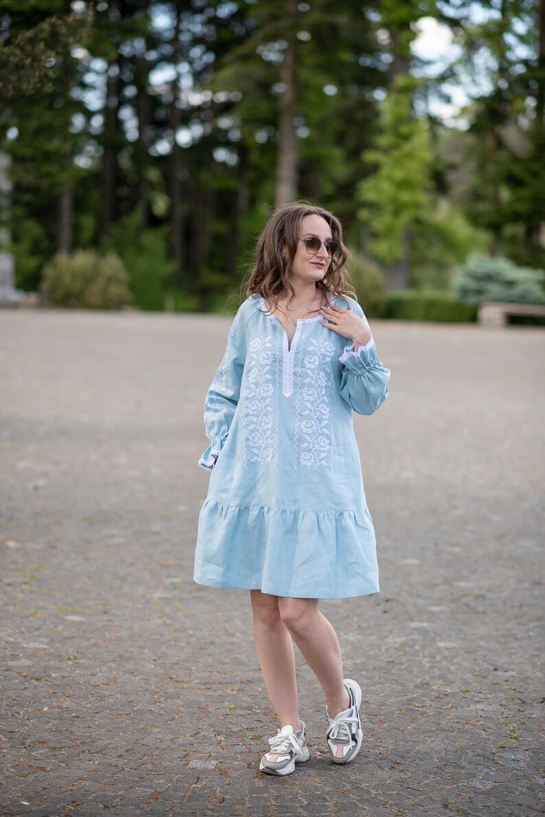 Light blue linen dress with white embroidery