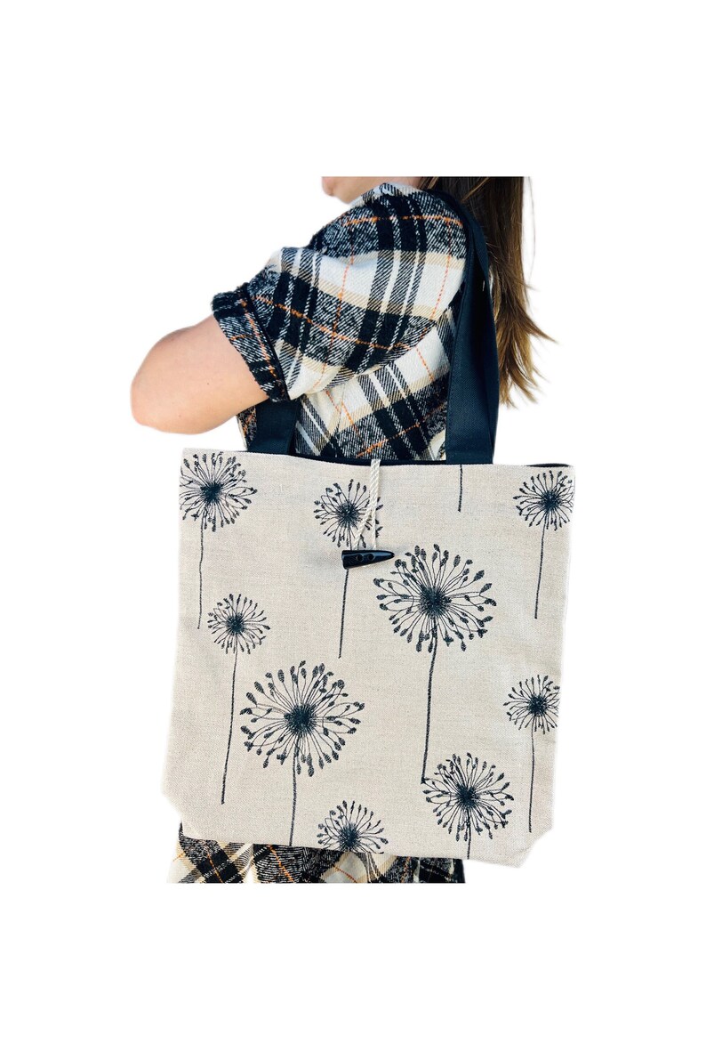 Beige Linen Tote Bag with Black Dandelion Embroidery, Zippered Lining and Toggle Closure, Large Reusable Shoulder Market Shopper Bag