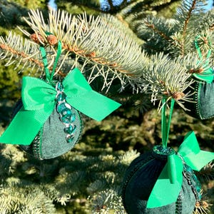 Set of green handmade Christmas tree decorations