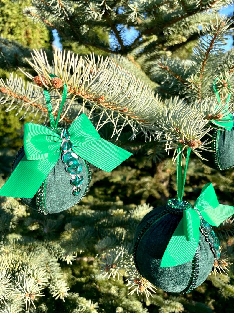 Set of green handmade Christmas tree decorations