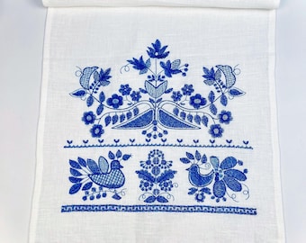Blue linen wedding towel, Wedding towel with embroidery, Ukrainian ethnic runner with embroidered birds, Ukrainian gift