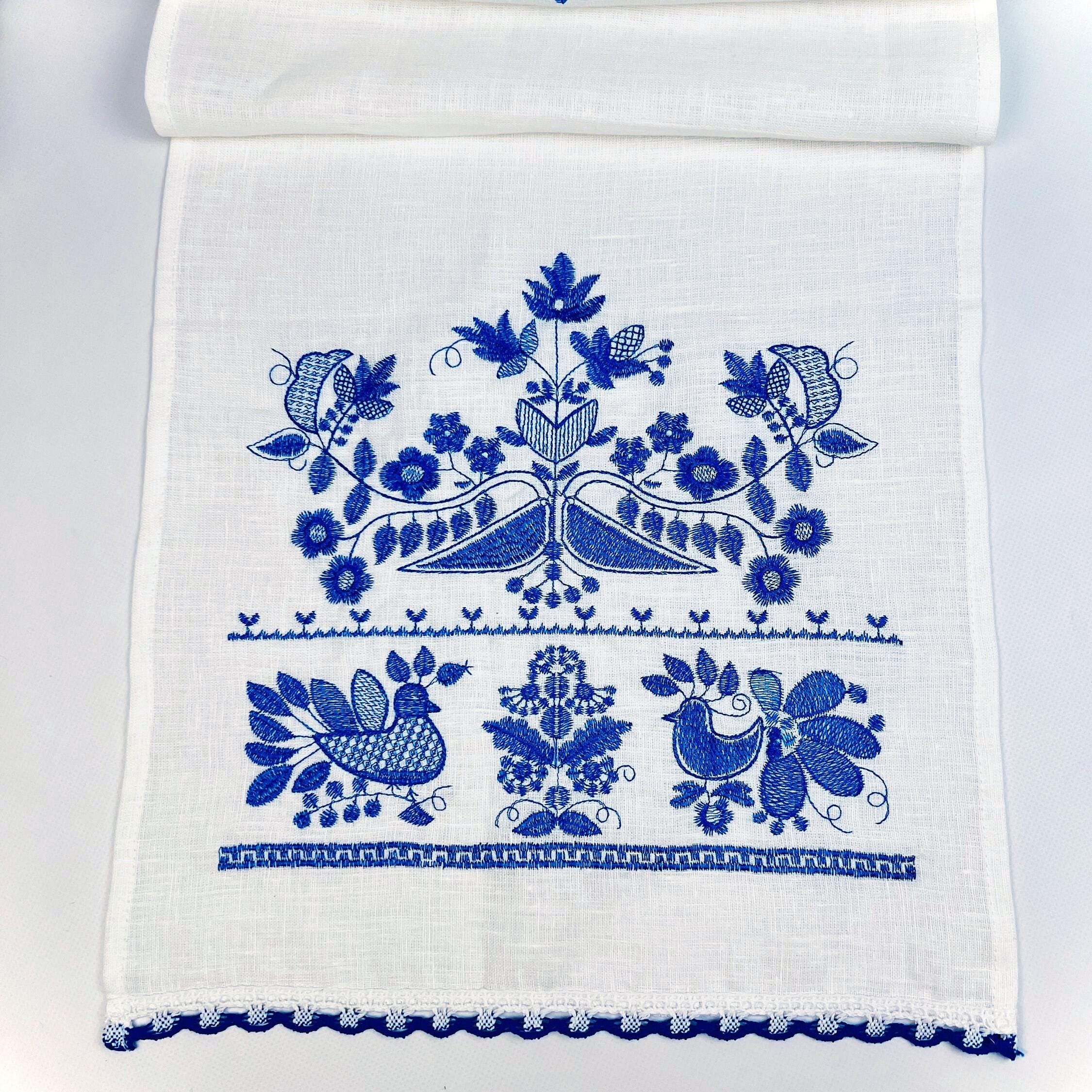 Blue linen wedding towel, Wedding towel with embroidery, Ukrainian ethnic runner with embroidered birds, Ukrainian gift