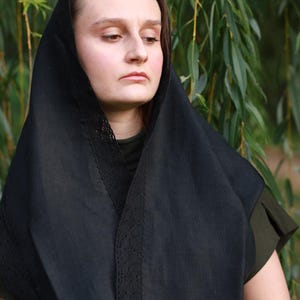 Mantilla church veil black head scarf with lace trim for women, Traditional orthodox catholic prayer shawl for worship and modest wear