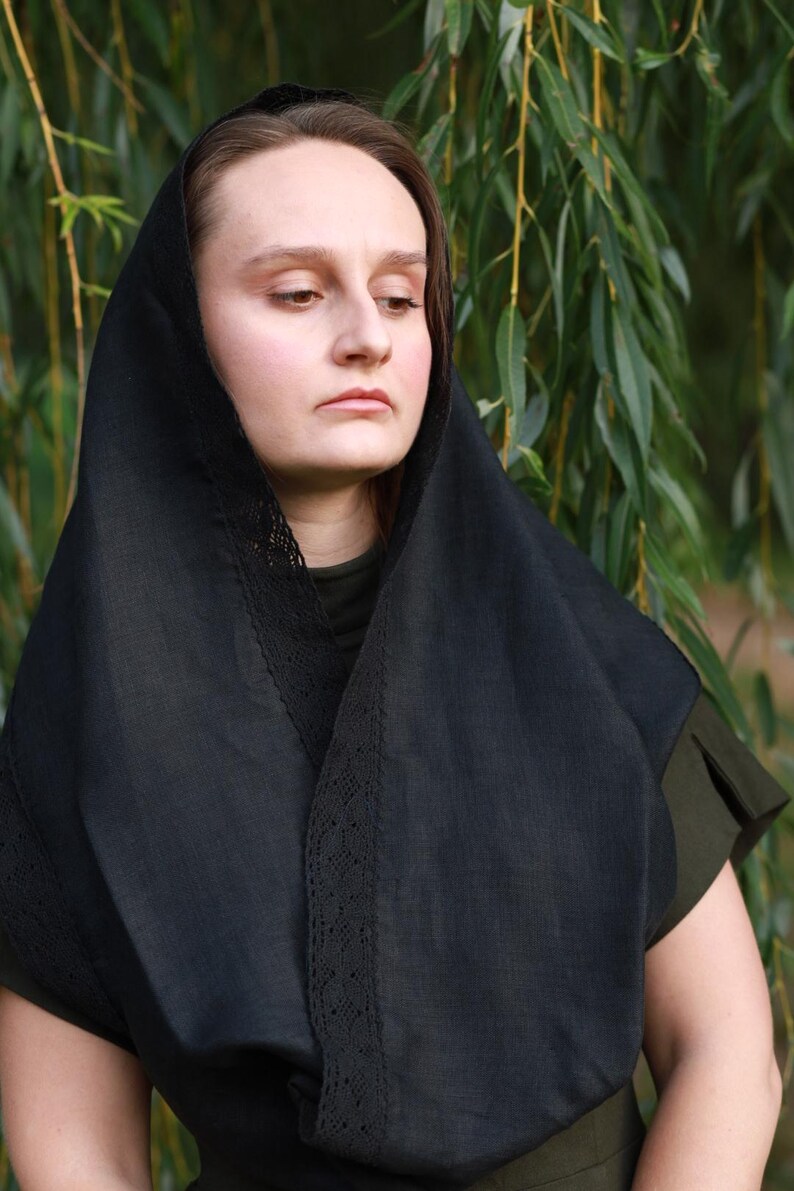 Mantilla church veil black head scarf with lace trim for women, Traditional orthodox catholic prayer shawl for worship and modest wear