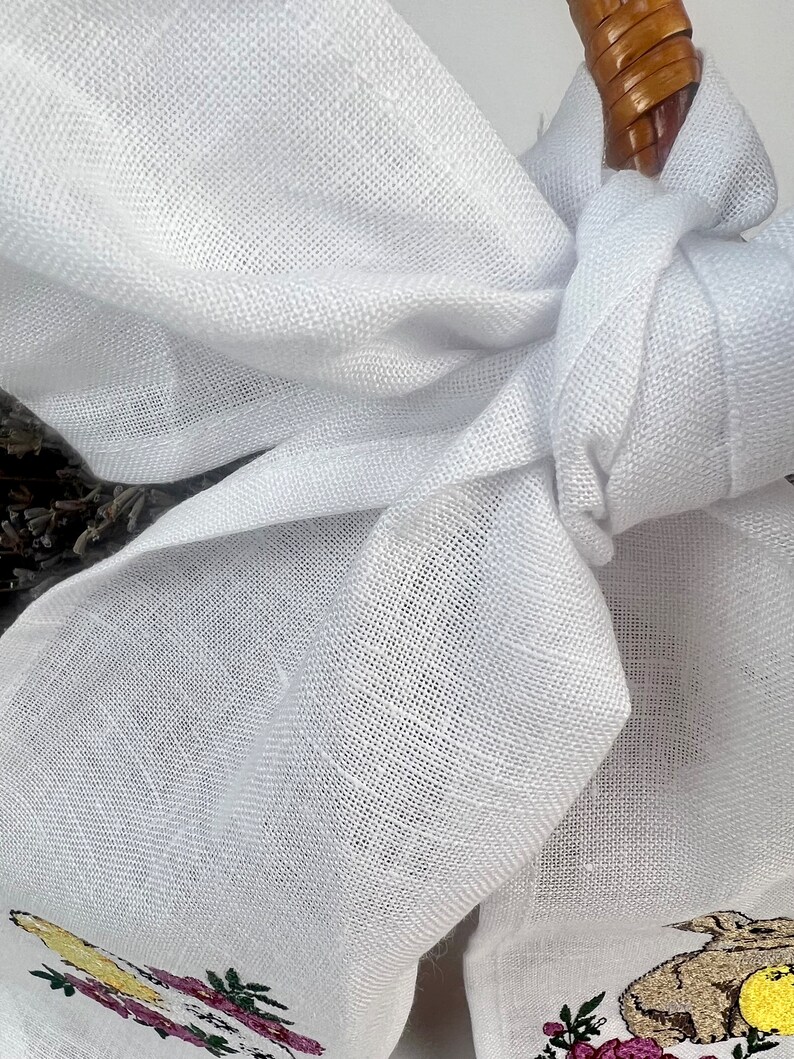 Easter basket linen bow with embroidered bunny