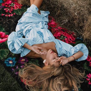 Light blue embroidered linen dress