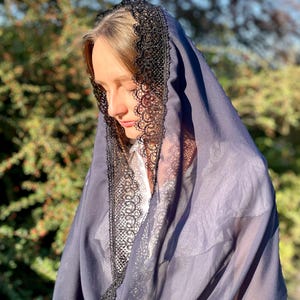 Navy blue catholic veil, Veil with black lace, Chiffon chapel veil for mass, Infinity mantilla, Dark color church veil, Midnight veil image 10