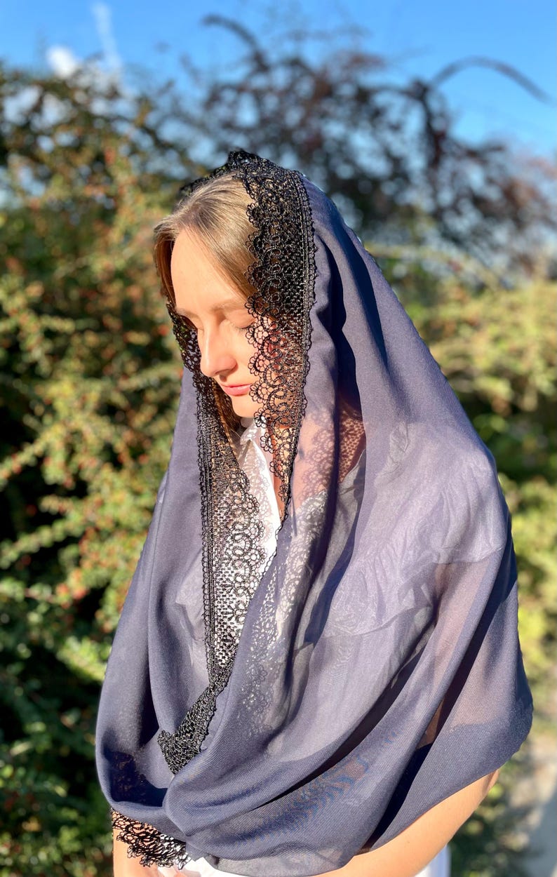 Navy blue catholic veil, Veil with black lace, Chiffon chapel veil for mass, Infinity mantilla, Dark color church veil, Midnight veil image 10
