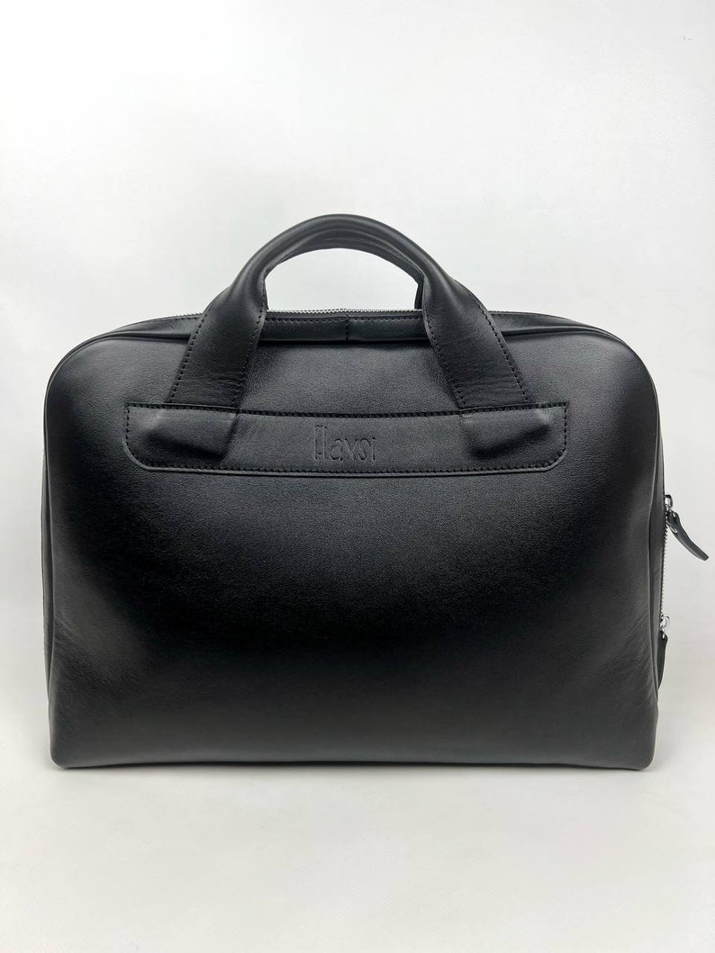 Handmade Black Leather Weekender / Work Bag – Wide-Mouth Zip, Removable Shoulder Strap, Minimalist Travel Duffel, Gift for Him