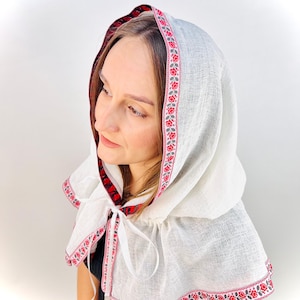 White Linen Hooded Chapel Veil with Ukrainian Red Black Floral Trim, Traditional Mantilla Head Covering with Ties for Church and Prayer