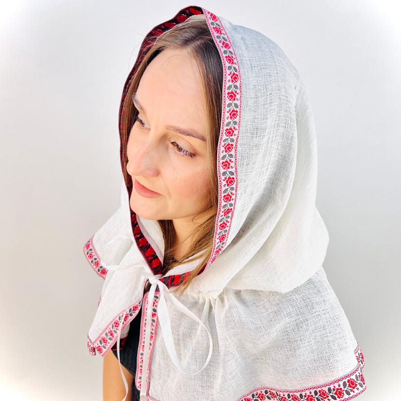 White Linen Hooded Chapel Veil with Ukrainian Red Black Floral Trim, Traditional Mantilla Head Covering with Ties for Church and Prayer