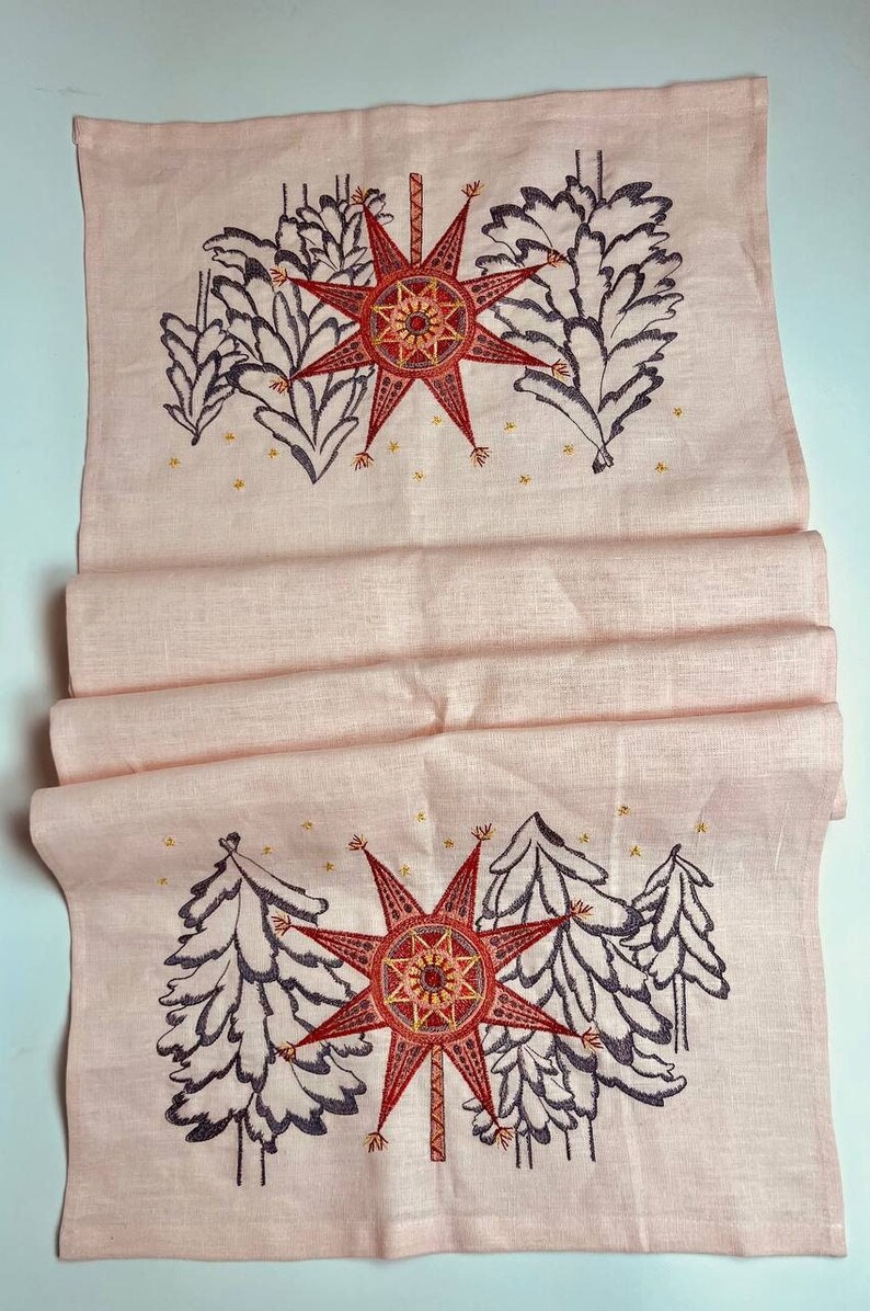Embroidered pink linen Christmas table runner