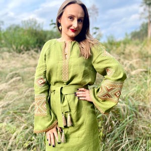 Green Linen Dress with Embroidered Details