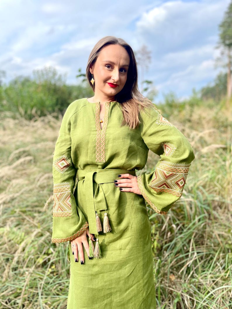 Green Linen Dress with Embroidered Details