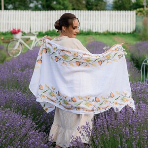 Linen Shawl with Floral Embroidery – White Embroidered Scarf with Peach Flowers, Folk Botanical Wrap