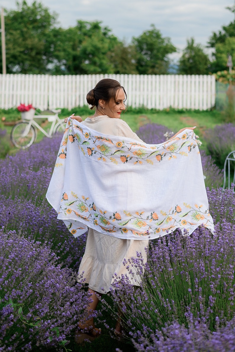 Linen Shawl with Floral Embroidery – White Embroidered Scarf with Peach Flowers, Folk Botanical Wrap