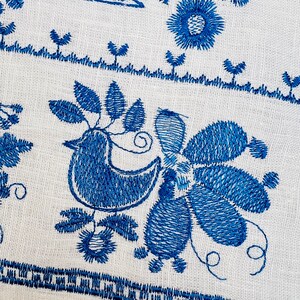 Peut inclure: Gros plan sur un tissu blanc avec une broderie bleue complexe. Le motif repr&eacute;sente des oiseaux, des fleurs et des feuilles stylis&eacute;s. La broderie est d&eacute;taill&eacute;e avec divers points, cr&eacute;ant un motif textur&eacute; et d&eacute;coratif. L'esth&eacute;tique g&eacute;n&eacute;rale est de l'art populaire.