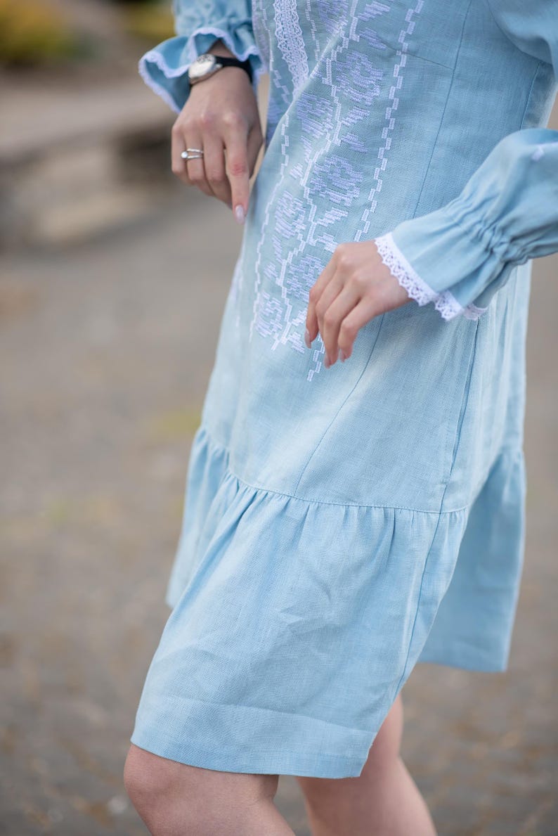 Light blue linen dress with white embroidery