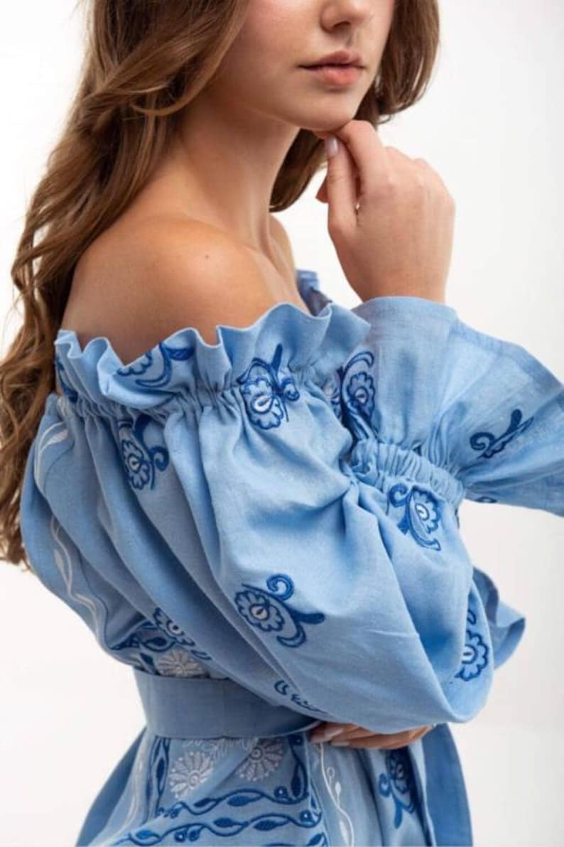 Light blue embroidered linen dress