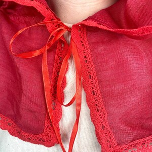 Red linen hooded scarf with lace trim, Lightweight head covering, Vintage inspired capelet