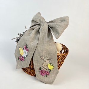 Easter basket linen bow with embroidered bunny