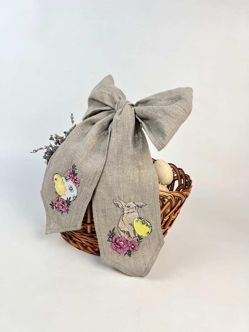 Easter basket linen bow with embroidered bunny