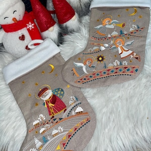 Set of 2 Embroidered Christmas Stockings, Angel and Saint Nicholas Holiday Decor, Rustic Linen Fireplace Stocking Set