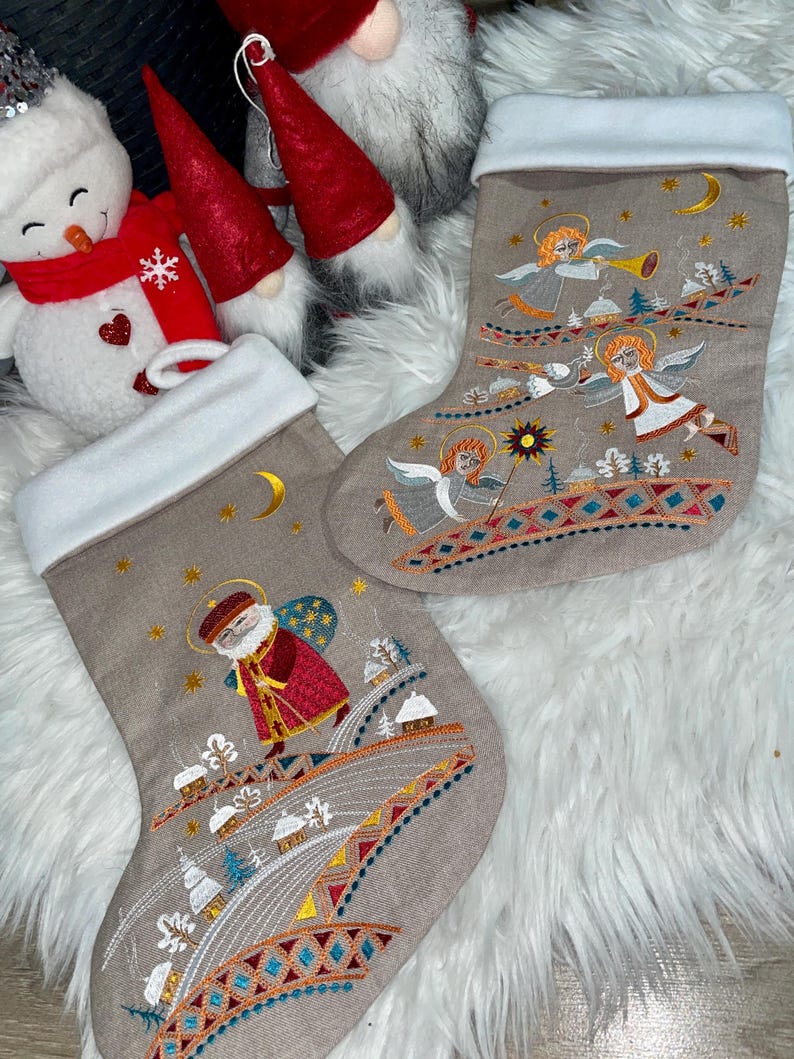 Set of 2 Embroidered Christmas Stockings, Angel and Saint Nicholas Holiday Decor, Rustic Linen Fireplace Stocking Set