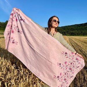 Pink linen embroidered scarf with wildflower pattern for women, lightweight floral head covering or shawl for spring and summer styling