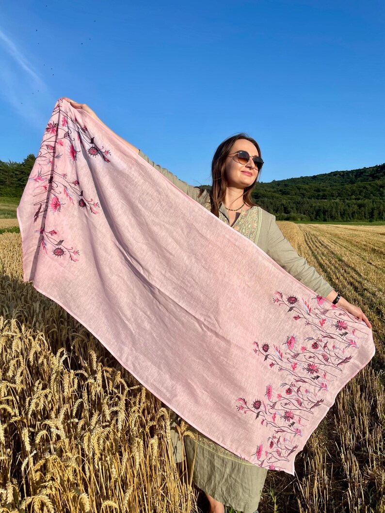 Pink linen embroidered scarf with wildflower pattern for women, lightweight floral head covering or shawl for spring and summer styling