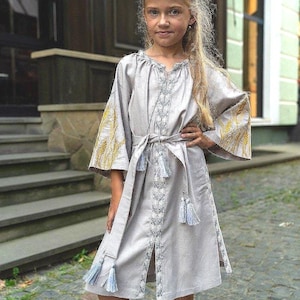 Girls Linen Style Dress with Embroidered Sleeves, Handmade Ethno Inspired Kids Dress, Natural Fabric Children Clothing