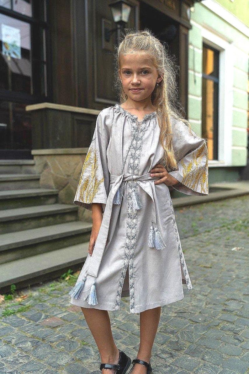 Girls Linen Style Dress with Embroidered Sleeves, Handmade Ethno Inspired Kids Dress, Natural Fabric Children Clothing