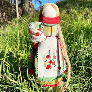 Handmade Slavic Folk Doll Mother with Baby – Traditional Motanka Style Fabric Doll with Embroidery, Symbolic Rustic Home Decor Gift