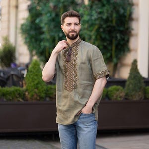 Men’s Olive Linen Vyshyvanka Shirt, Short Sleeve Ukrainian Embroidered Top with Stand Collar and Tassel Ties, Traditional Folk Gift