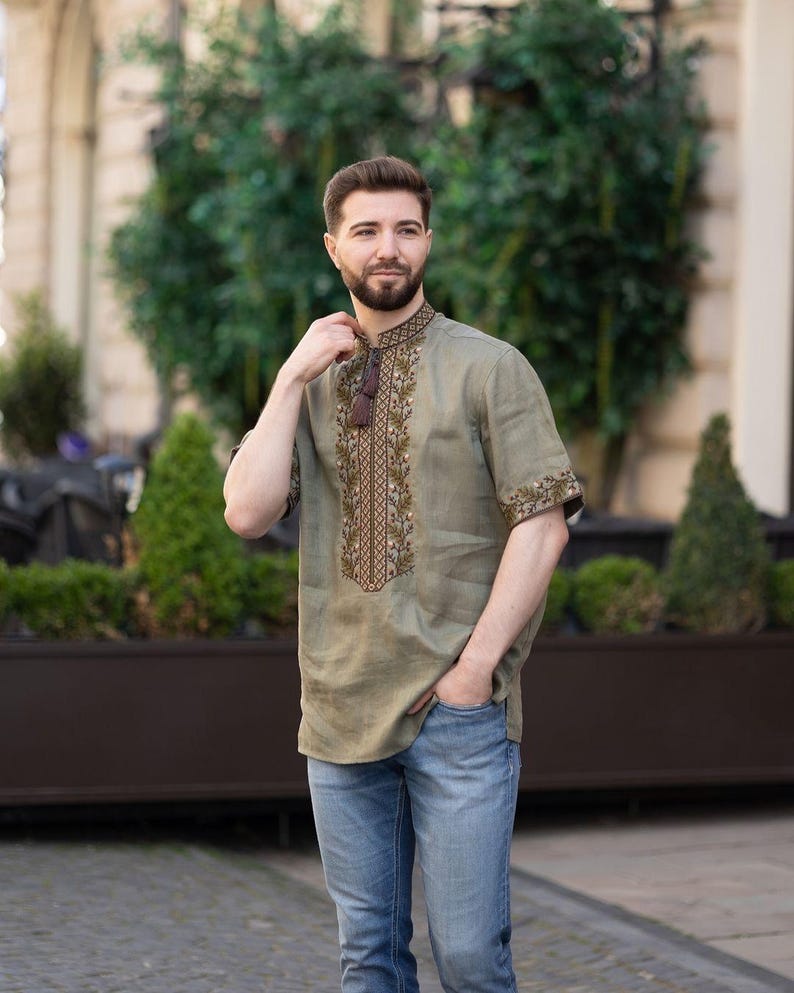 Men’s Olive Linen Vyshyvanka Shirt, Short Sleeve Ukrainian Embroidered Top with Stand Collar and Tassel Ties, Traditional Folk Gift