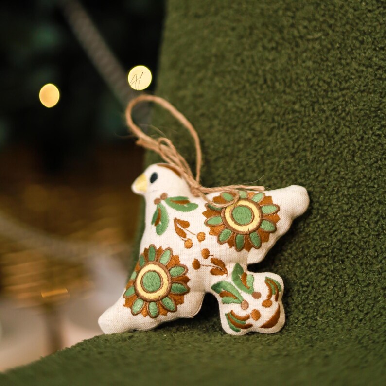 Folk bird and horse ornaments, Set of 3, Embroidered green and gold fabric decorations, Rustic Christmas tree or home decor