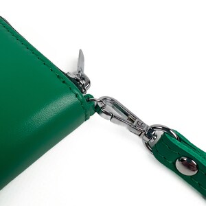 Green Leather Zip Around Wallet with Wristlet Strap for Women