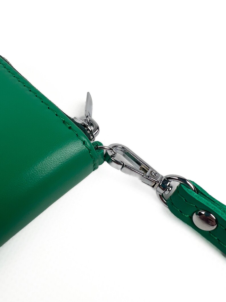 Green Leather Zip Around Wallet with Wristlet Strap for Women