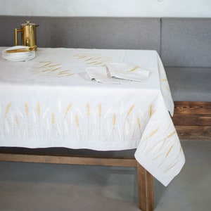 Embroidered Linen Tablecloth with Wheat Motif, Natural White Dining Table Cover, Rustic Farmhouse & Scandinavian Table Decor