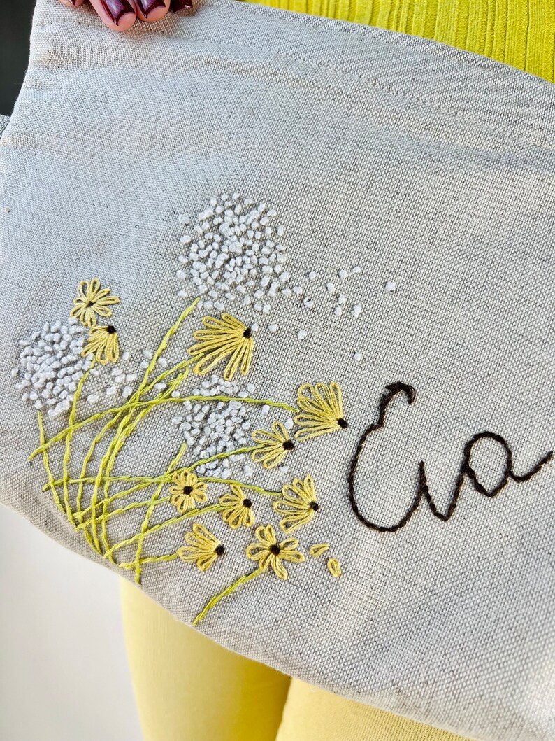 May include: A light gray canvas tote bag with embroidered yellow flowers and green stems. The name "Eva" is embroidered in black cursive lettering.