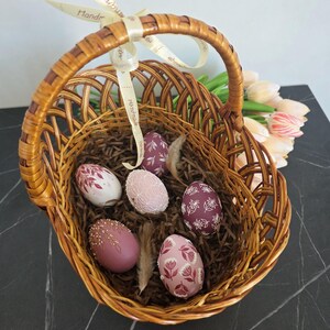 Spring home decor egg set in pink tones, Hand painted floral eggs, Artisan table accent