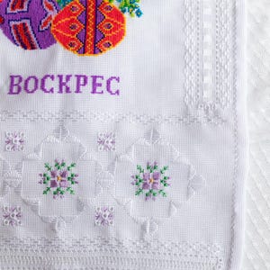 Orthodox Easter Basket Cover Rushnyk – White Lace Pascha Towel with ‘Christ is Risen’ Cyrillic, Pysanky Eggs & Floral Embroidery Design
